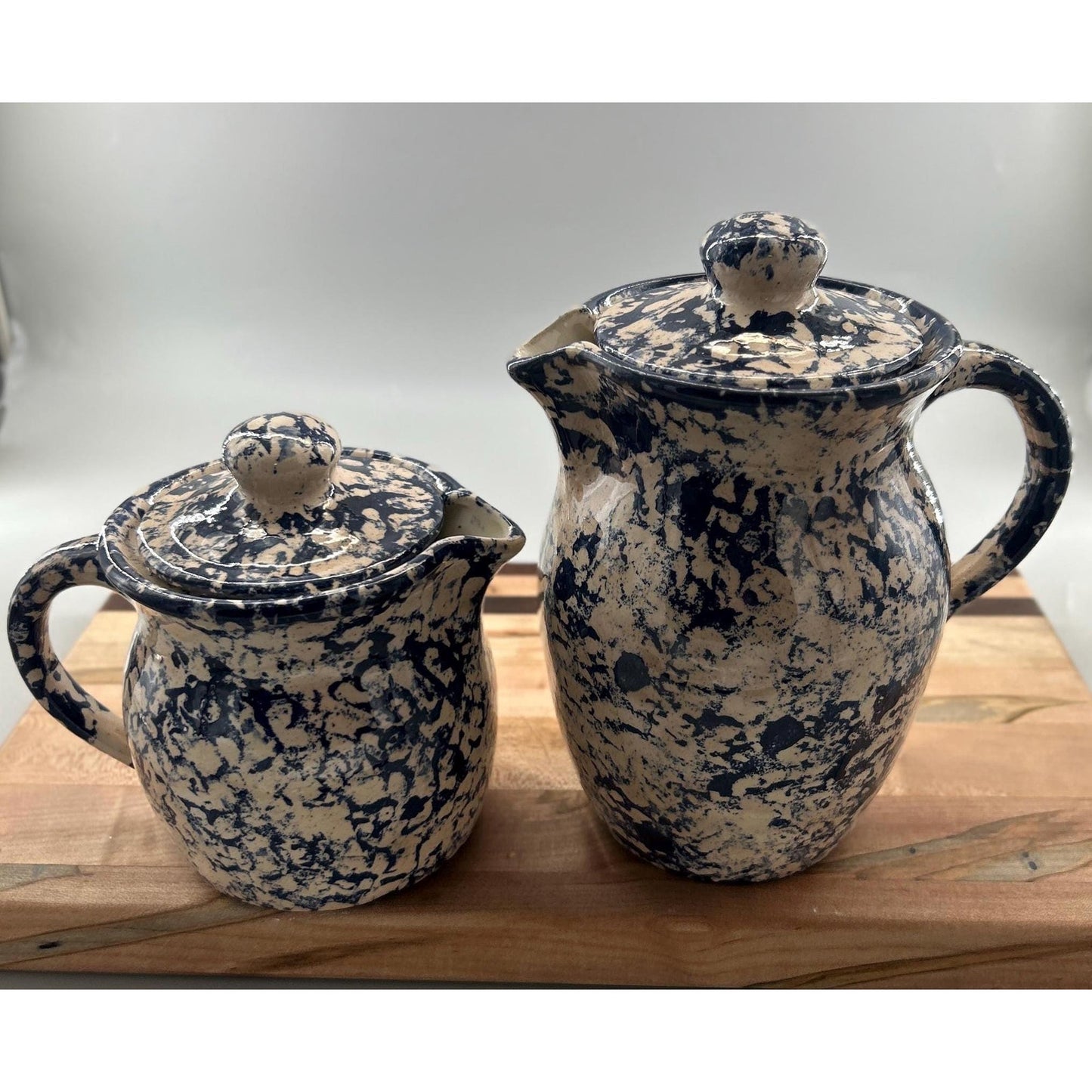 Blue spongeware pitcher creamer set base mark farmhouse