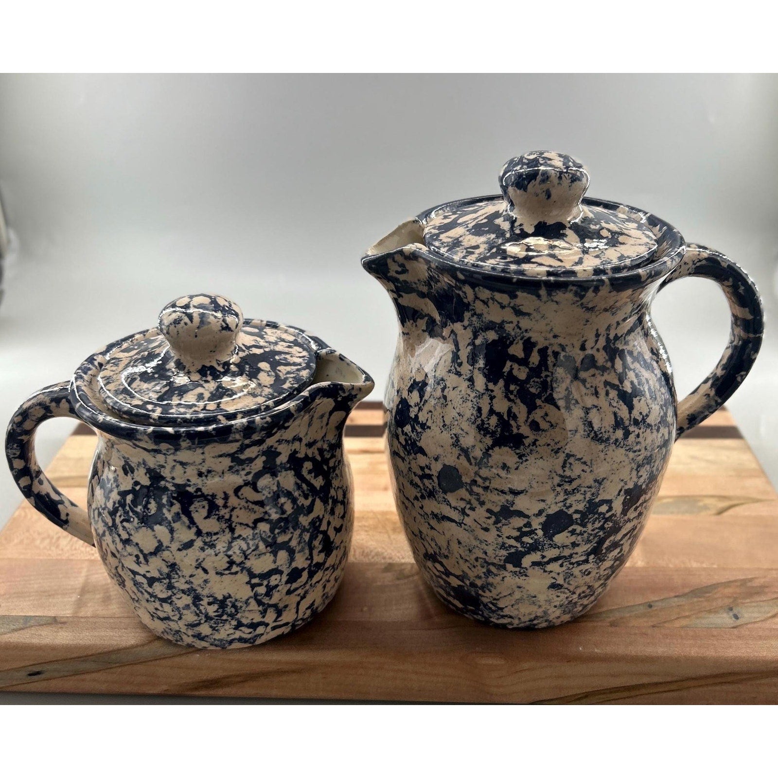 Blue spongeware pitcher creamer set base mark farmhouse