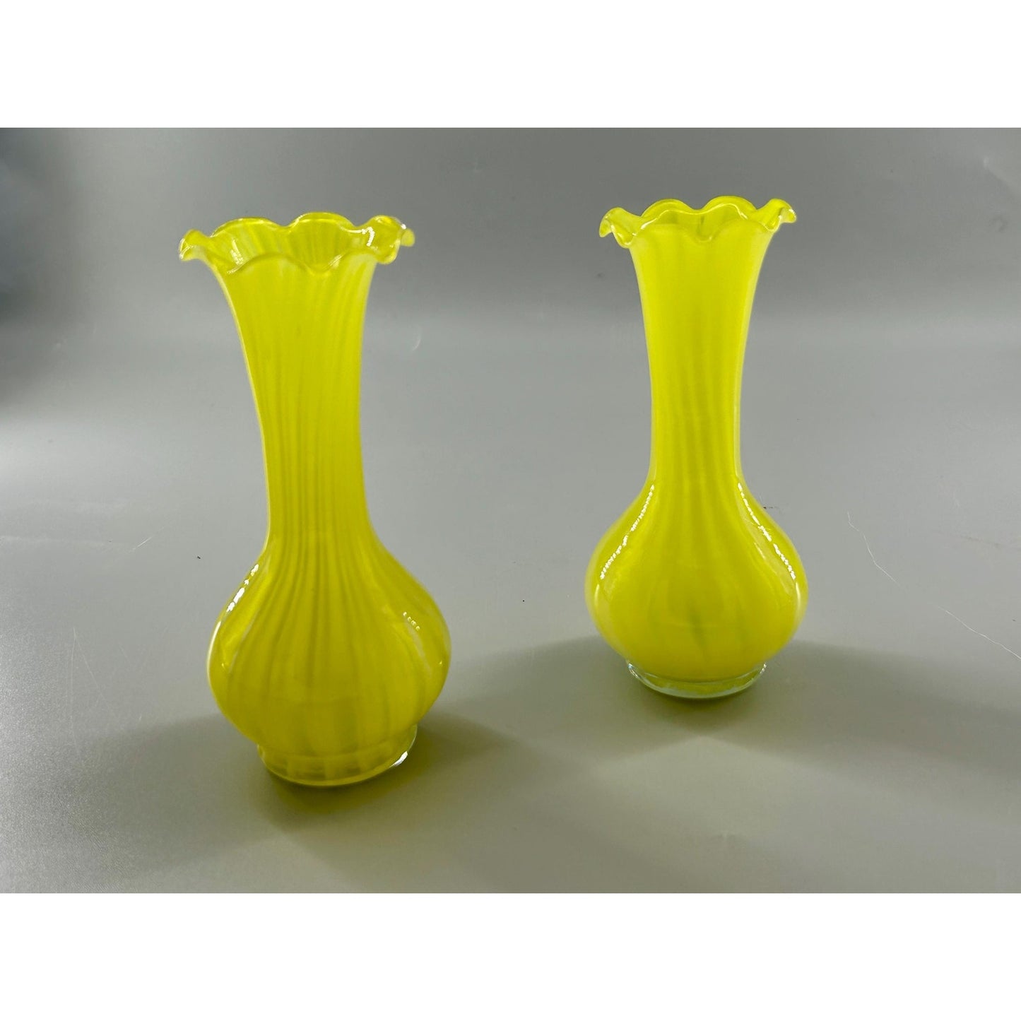 Vintage Murano Style Yellow Opaline Art Glass Bud Vases Pair Ruffled Rim Hand Blown Italy