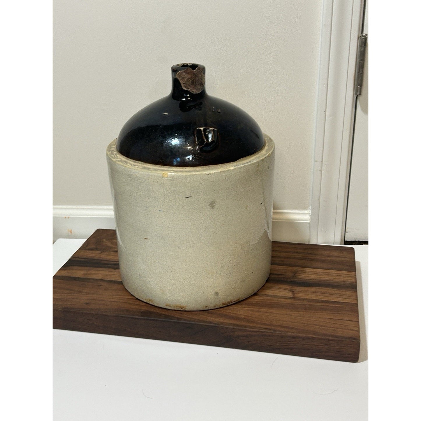 Antique Burley Winter 2 Gallon Stoneware Jug Cobalt Blue Heart Salt Glaze Crock
