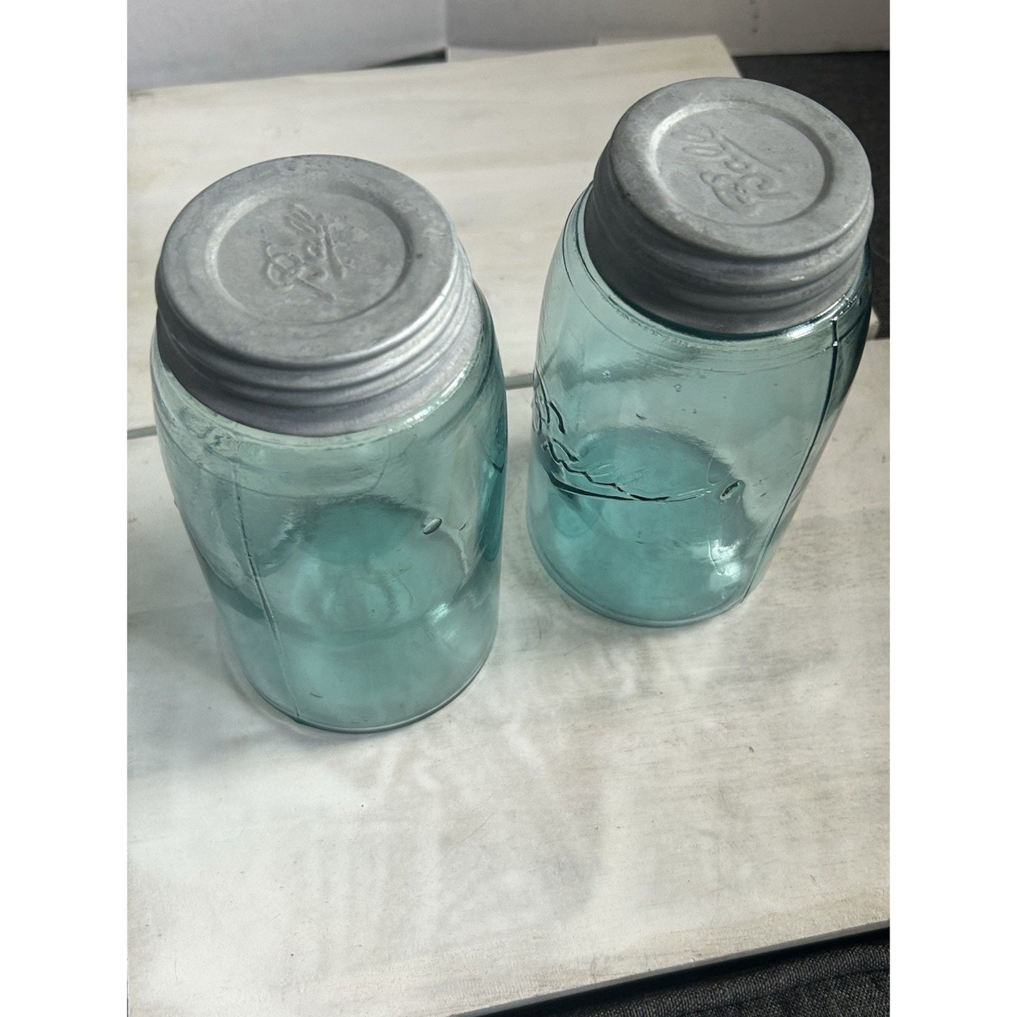 2 1920’s Vintage Ball Mason Jars – Triple L Logo – Quart – Aqua Blue – Zinc Lids