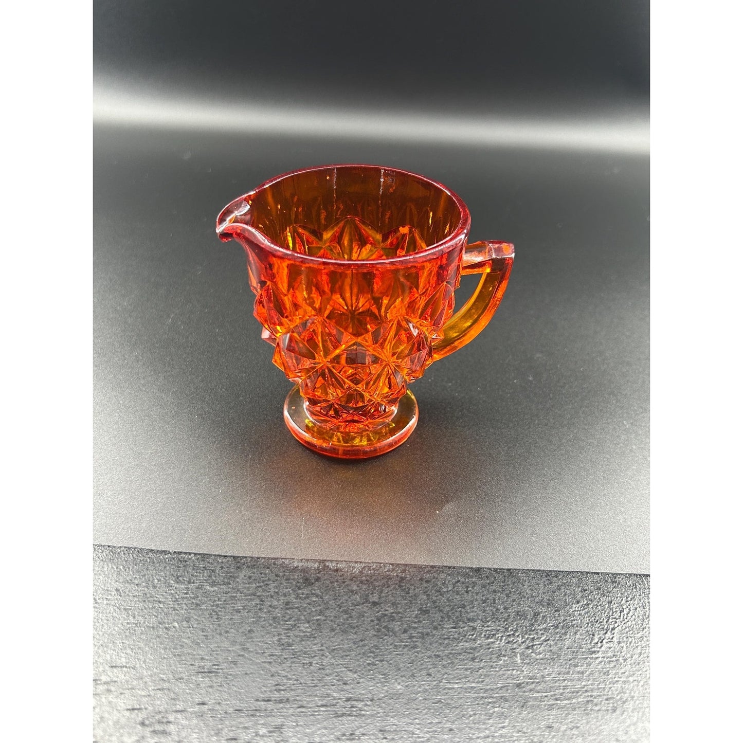 Vintage Amberina Glass Creamer | UV Reactive | Diamond Cut Pressed Glass | Footed Cream Pitcher