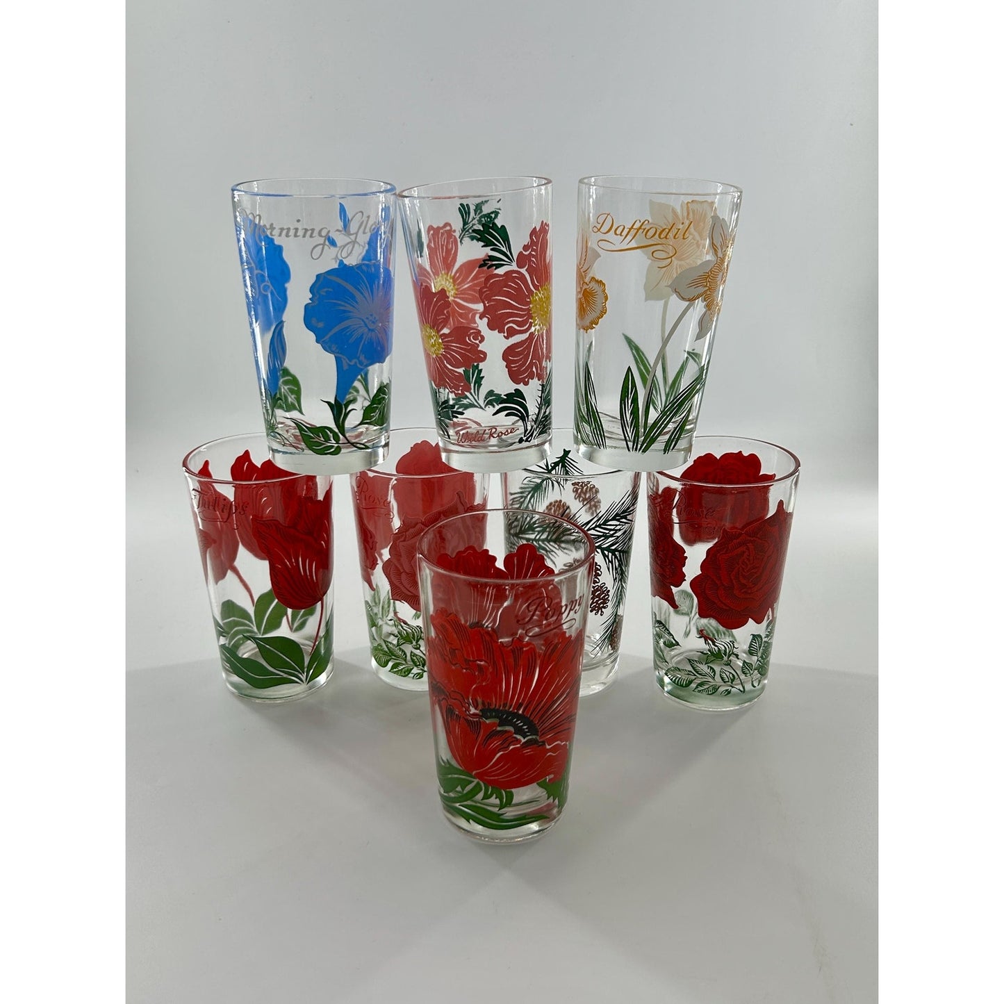 Vintage Federal Glass Floral Tumbler Set of 8 Mid Century Drinking Glasses Poppy Rose Daffodil Retro Barware MCM USA