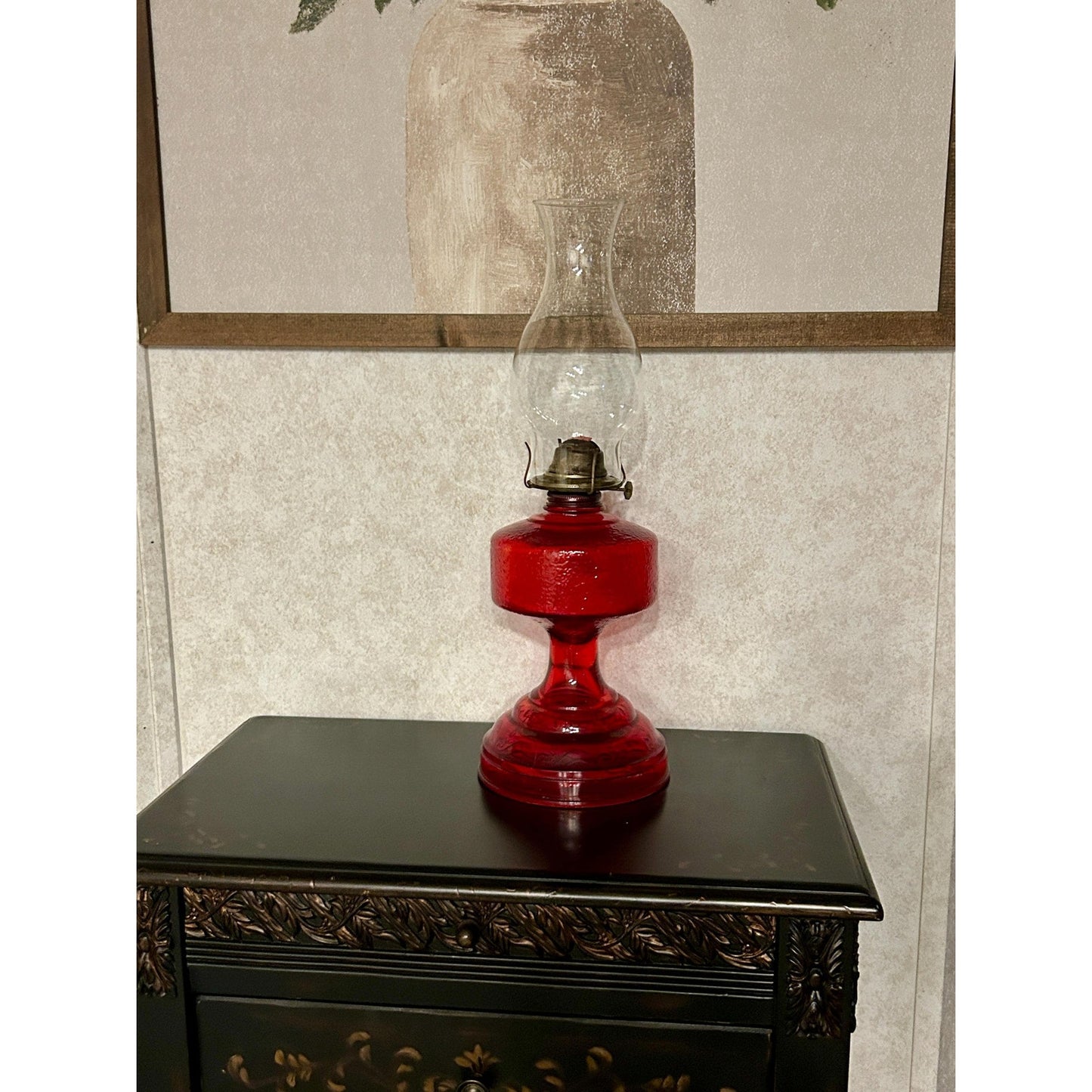 Antique Ruby Red Glass Oil Lamp 22” Tall – Figural Heron Marsh Scene Pedestal – Victorian Kerosene Parlor Lamp – Cranberry Pressed Glass