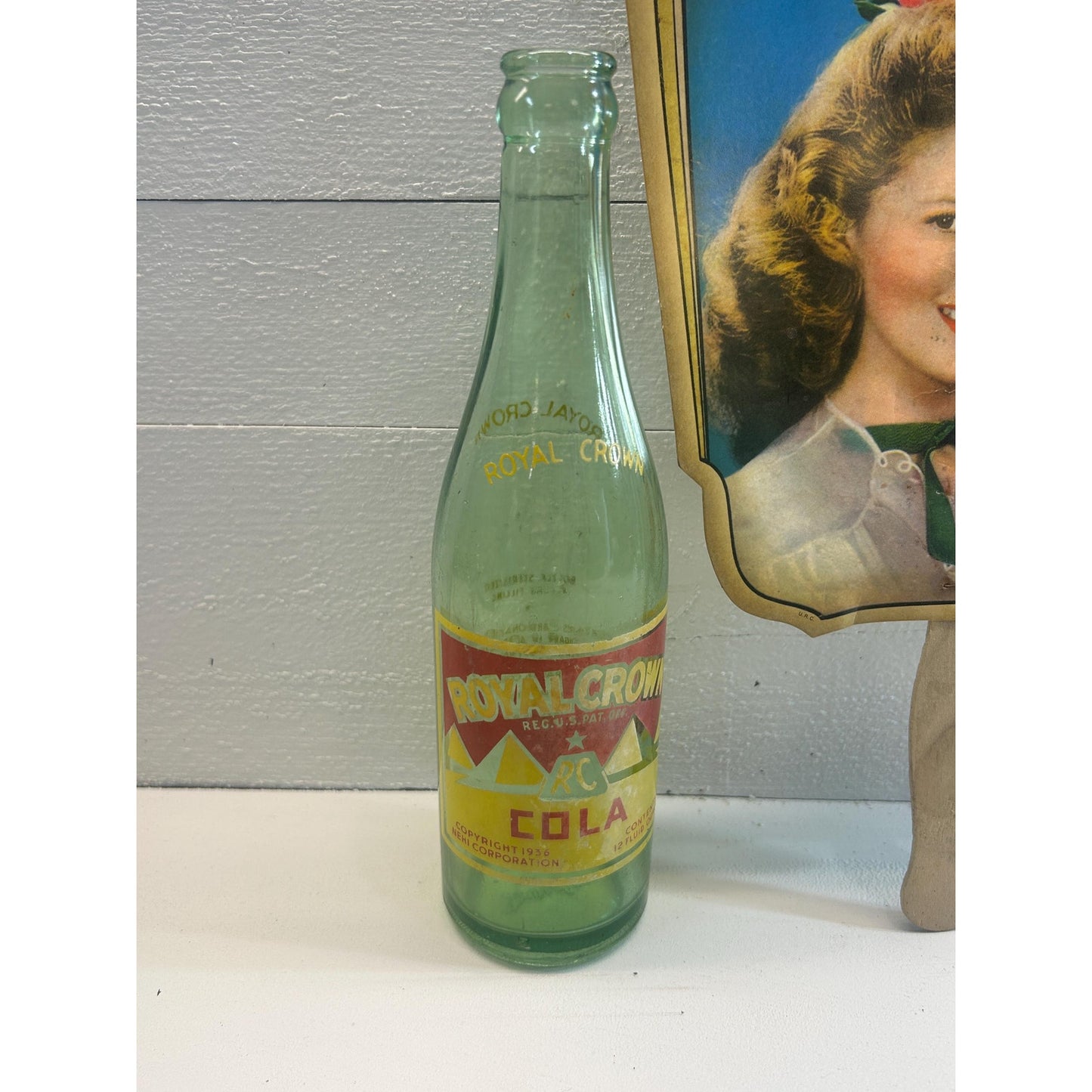 Vintage RC Royal Crown Cola Bottle & Shirley Temple Advertising Fan – 1930s 1940s Soda Memorabilia Lot – Nehi Cola Advertising Collectibles