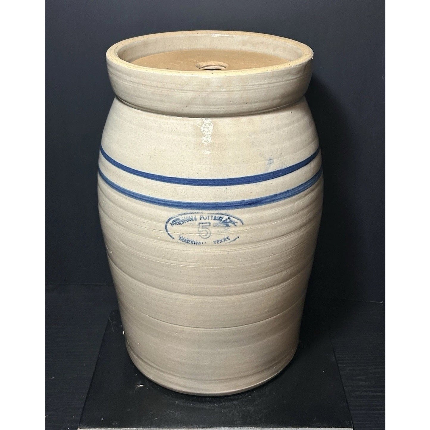 Marshall Pottery 5 Gallon Stoneware Crock w/ Lid Blue Stripe Texas Primitive