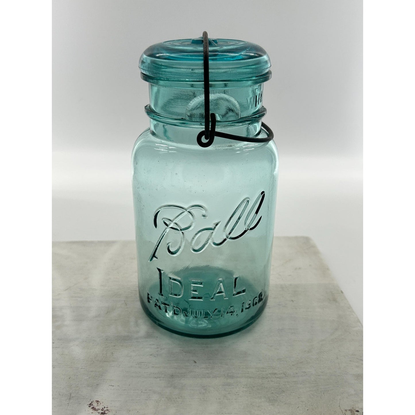 Antique Ball Ideal Aqua Blue Mason Jar Wire Bail Glass Lid Pat July 14 1908 Deep Embossed Fruit Jar Vintage Canning Jar Farmhouse Kitchen
