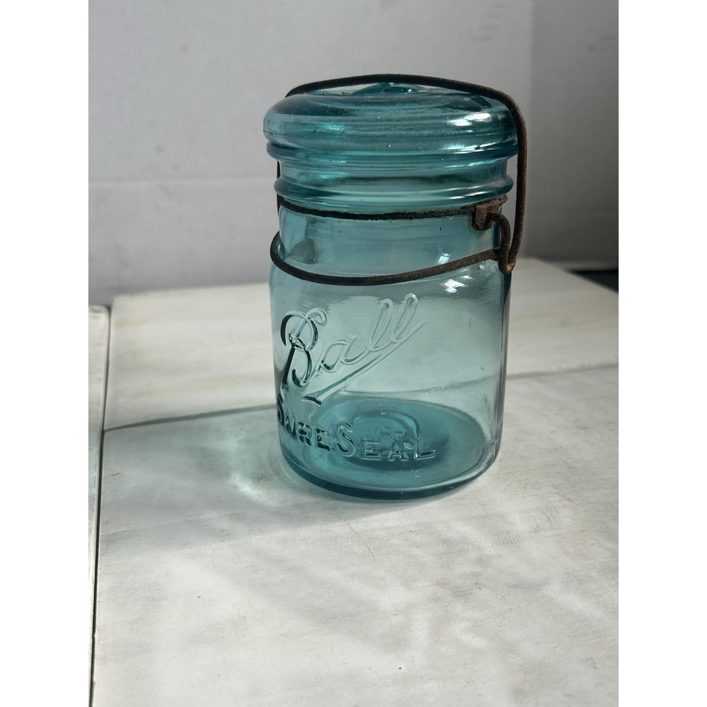 Vintage Ball Sure Seal Pint Mason Jar Blue Aqua Wire Bail w/ Lid – 1930s USA