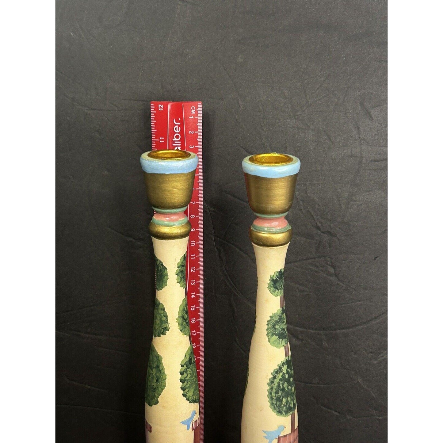 Folk Art Hand-Painted Wooden Candle Holders – Southwestern Bird Design