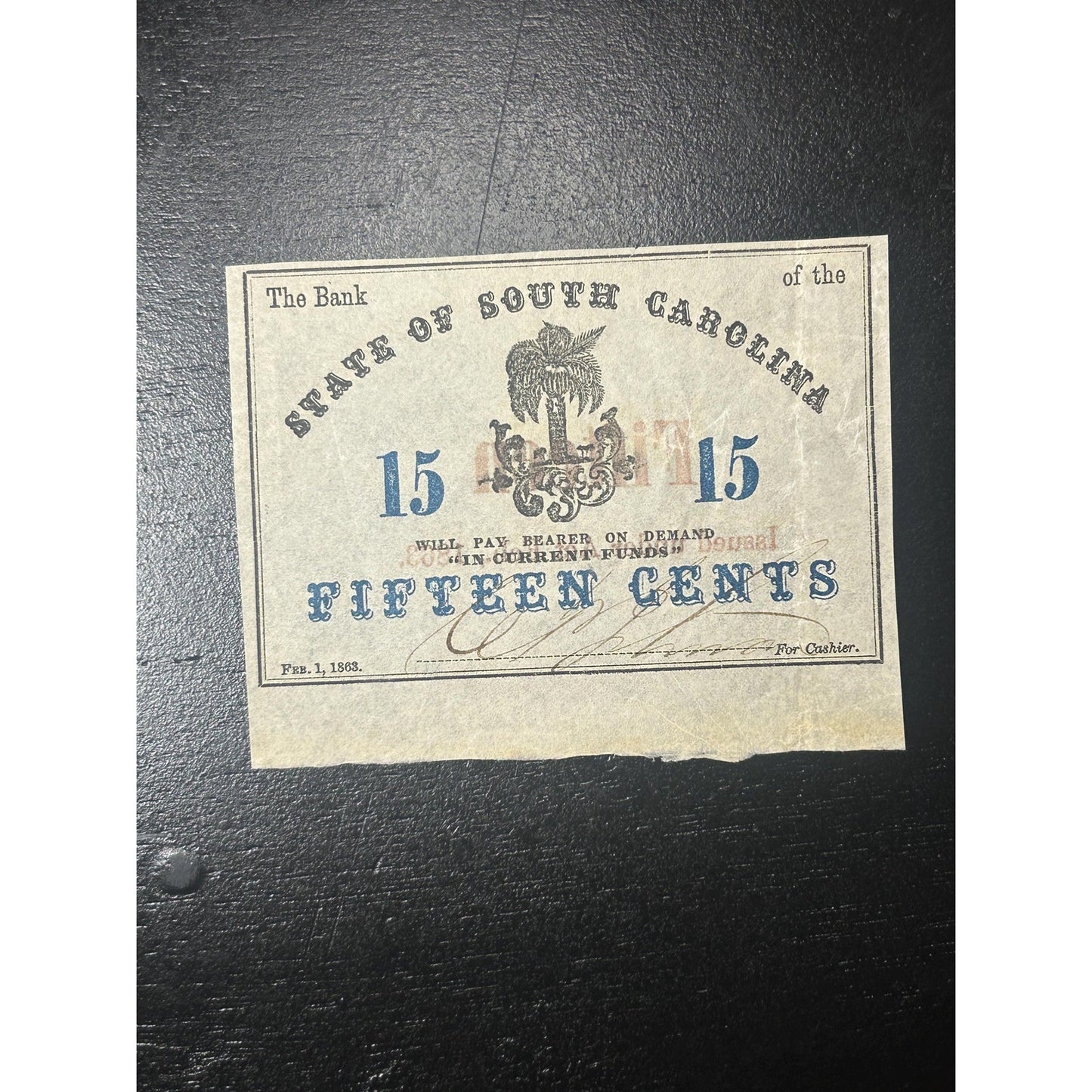 1863 South Carolina 15 Cent Civil War Fractional Currency Note – Confederate Era Bank of the State Antique Paper Money Rare condition!