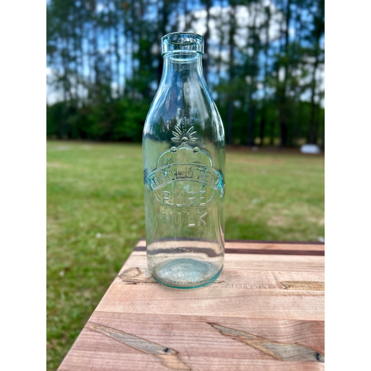 Vintage Italian Absolutely Pure Milk Bottle Embossed Cow Aqua Glass 1 Quart