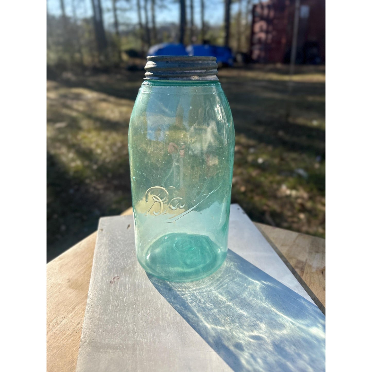 Antique Ball Triple L Half Gallon Aqua Mason Jar 1900–1910 Early Script Ball Bros Original Zinc Lid