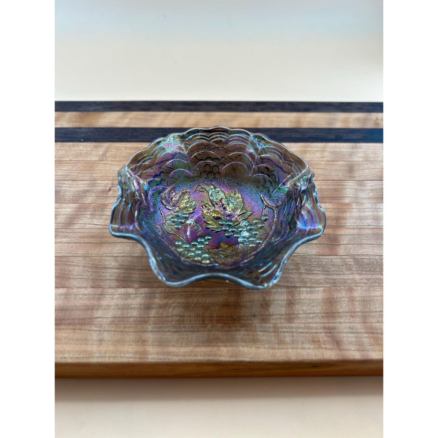 Antique Imperial Carnival Glass Grape & Cable Ruffled Bowl • Amethyst Iridescent Pressed Glass Berry Dish • Early 1900s Vintage Carnival
