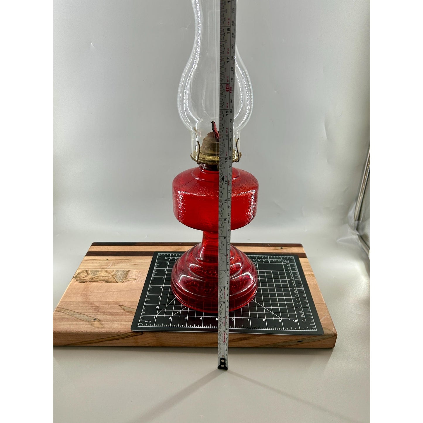 Antique Ruby Red Glass Oil Lamp 22” Tall – Figural Heron Marsh Scene Pedestal – Victorian Kerosene Parlor Lamp – Cranberry Pressed Glass