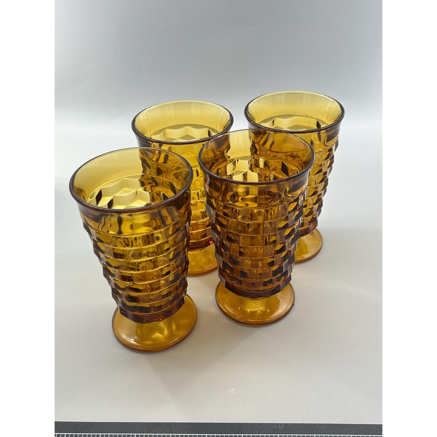 Vintage Indiana Glass Whitehall Cube Tumblers Set of 4 Amber Footed Glasses Mid Century Barware Retro Drinkware. Honey Brown Root Beer MCM