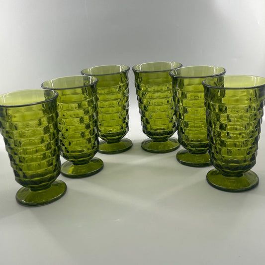 Vintage Indiana Glass Whitehall Cube Tumblers Set of 6 Avocado Green Footed Glasses Mid Century Barware Retro Drinkware