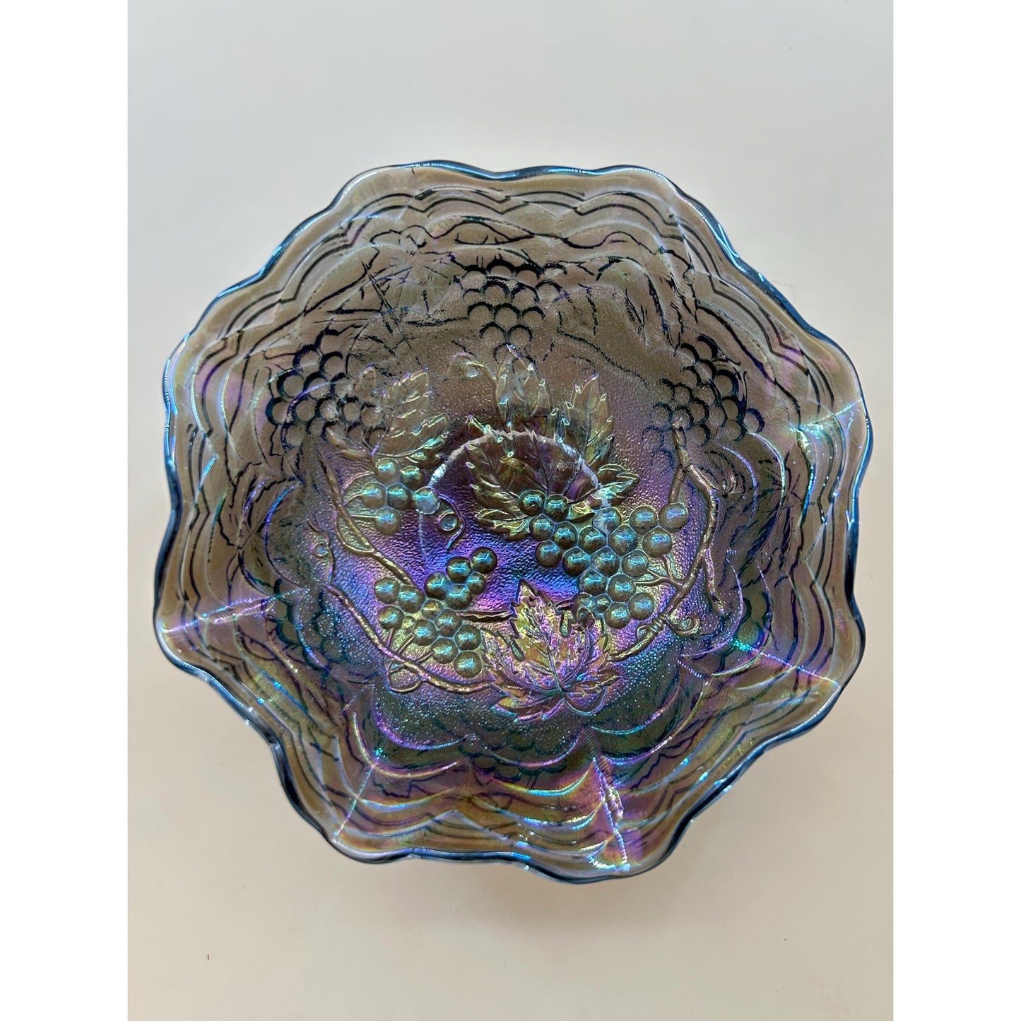 Antique Imperial Carnival Glass Grape & Cable Ruffled Bowl • Amethyst Iridescent Pressed Glass Berry Dish • Early 1900s Vintage Carnival