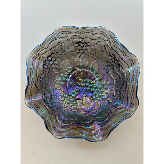 Antique Imperial Carnival Glass Grape & Cable Ruffled Bowl • Amethyst Iridescent Pressed Glass Berry Dish • Early 1900s Vintage Carnival