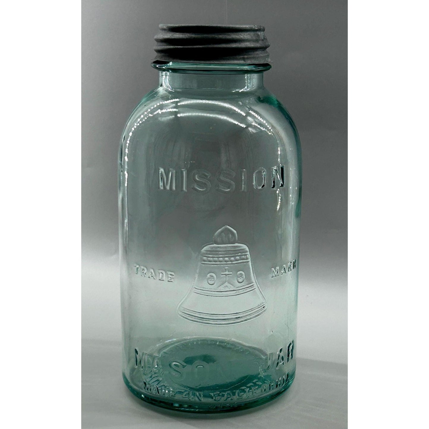 Mission Bell Mason Aqua Blue Glass Liberty Bell Trade Mark Scarce Hazel Atlas Half Gallon Zinc Lid