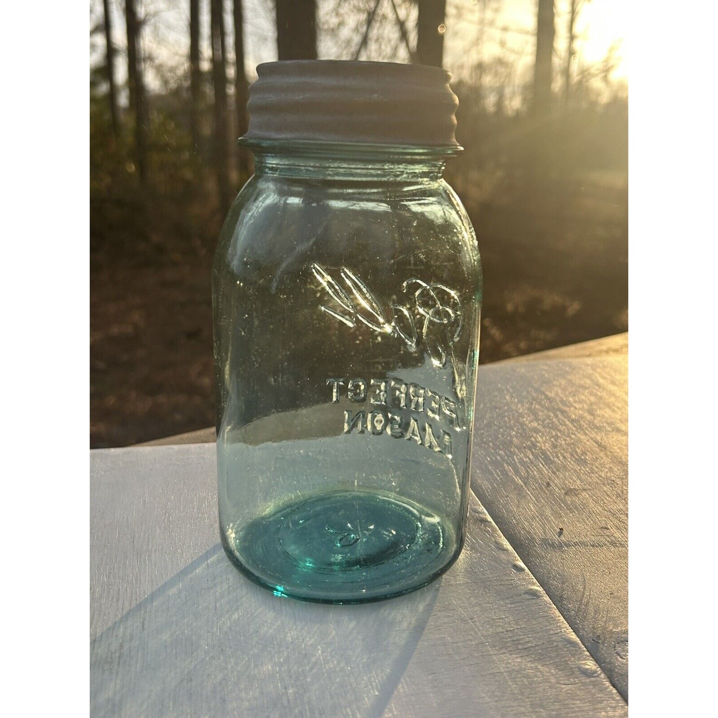Antique Ball blue mason jar milk glass lid overall condition