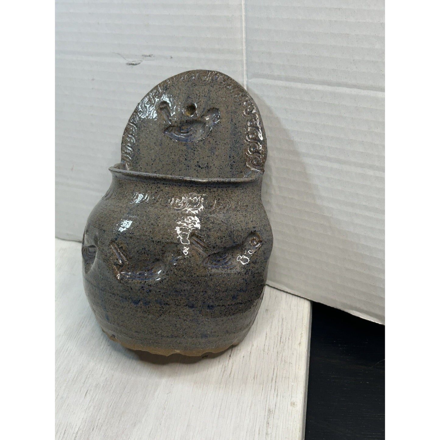 Vintage PEA signed art deco pottery folk art planter side view