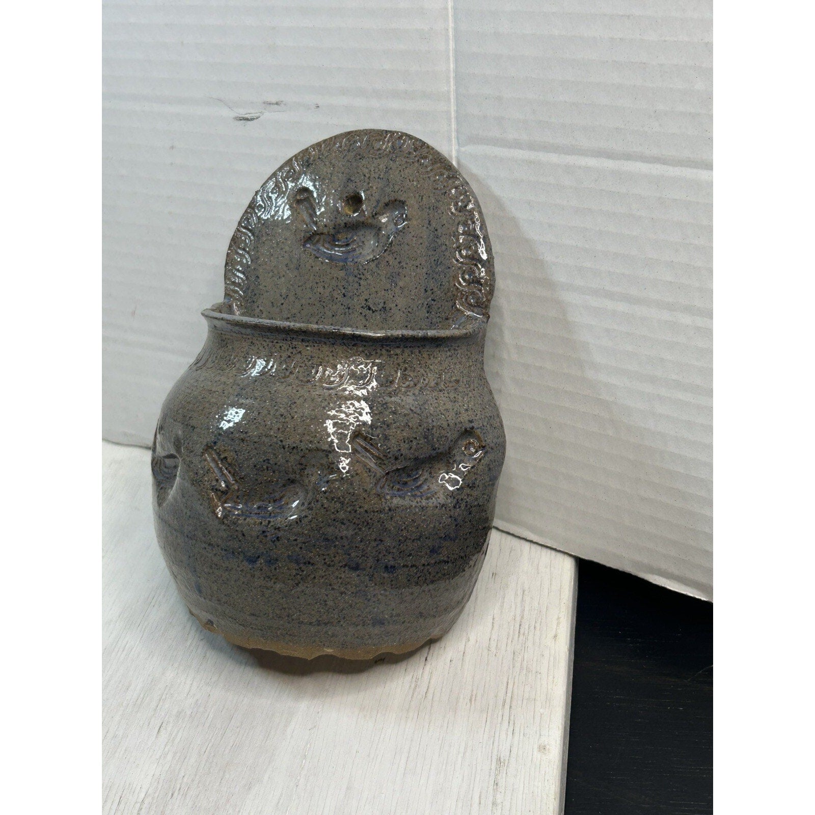Vintage PEA signed art deco pottery folk art planter side view
