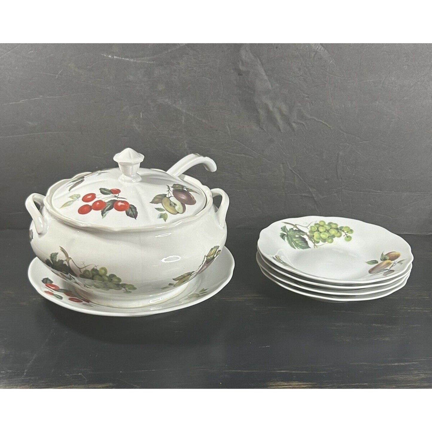 BIA International Cordon Bleu Fruit Tureen with Underplate, Ladle & 4 Soup Bowls