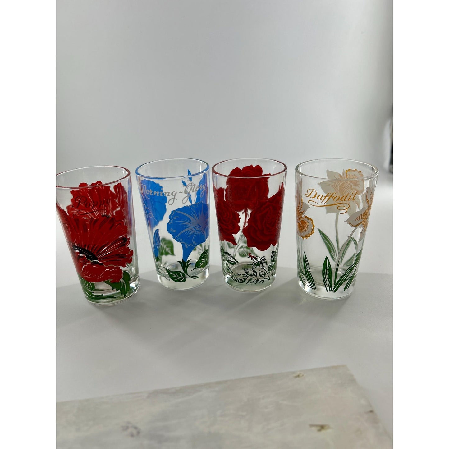 Vintage Federal Glass Floral Tumbler Set of 8 Mid Century Drinking Glasses Poppy Rose Daffodil Retro Barware MCM USA