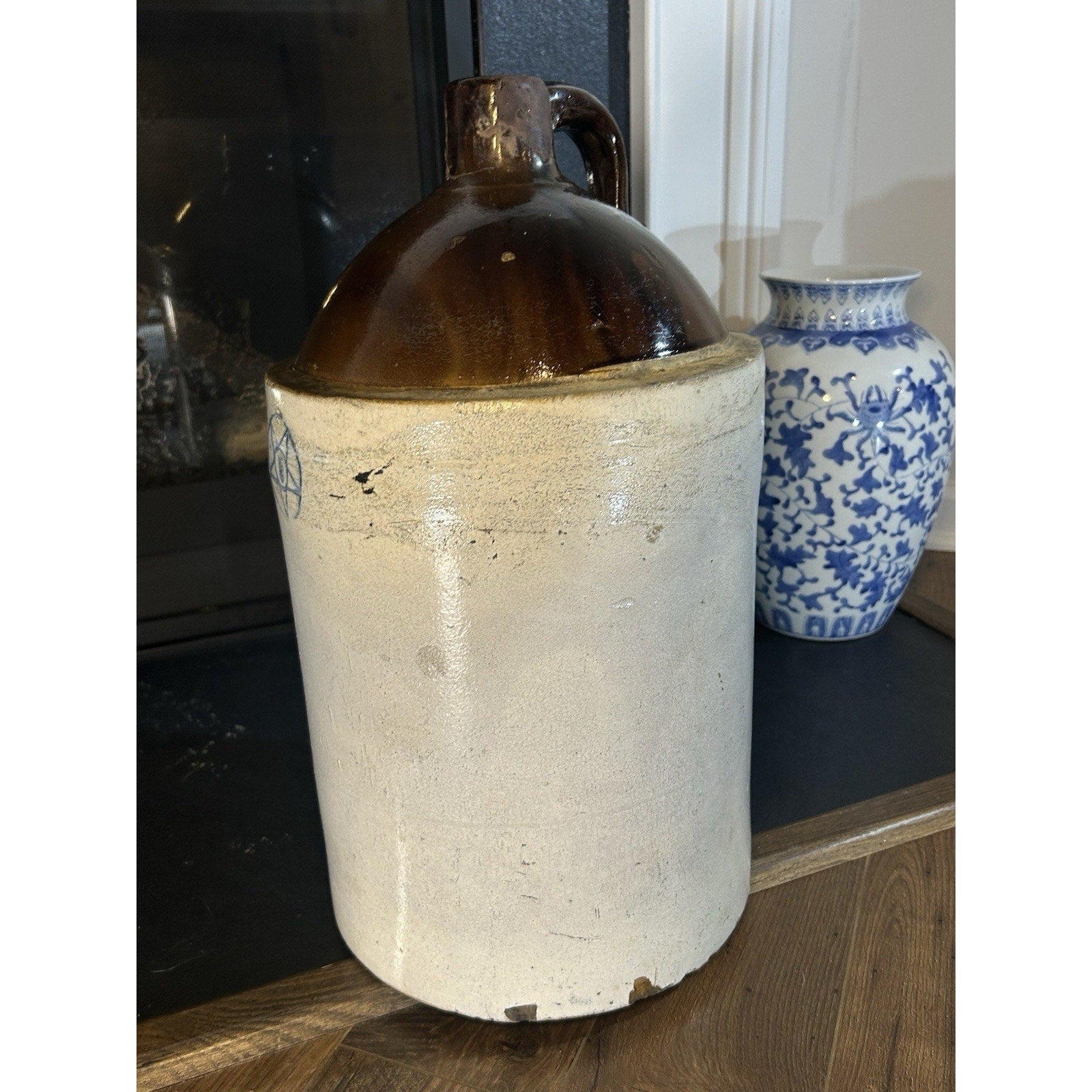 Blue star stoneware 5 gallon crock antique top opening view