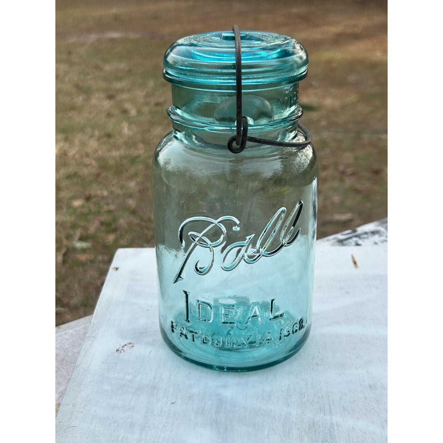 Antique Ball Ideal Aqua Blue Mason Jar Wire Bail Glass Lid Pat July 14 1908 Deep Embossed Fruit Jar Vintage Canning Jar Farmhouse Kitchen