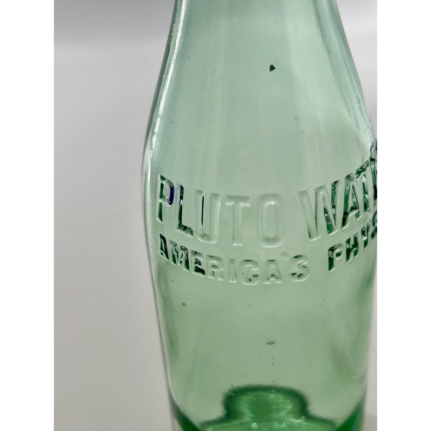 Antique Pluto Water Bottle America’s Physic Devil Logo Base Embossed Aqua Green Mineral Water c1920s