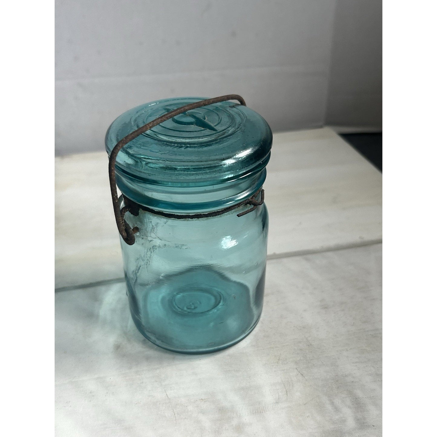 Vintage Ball Sure Seal Pint Mason Jar Blue Aqua Wire Bail w/ Lid – 1930s USA