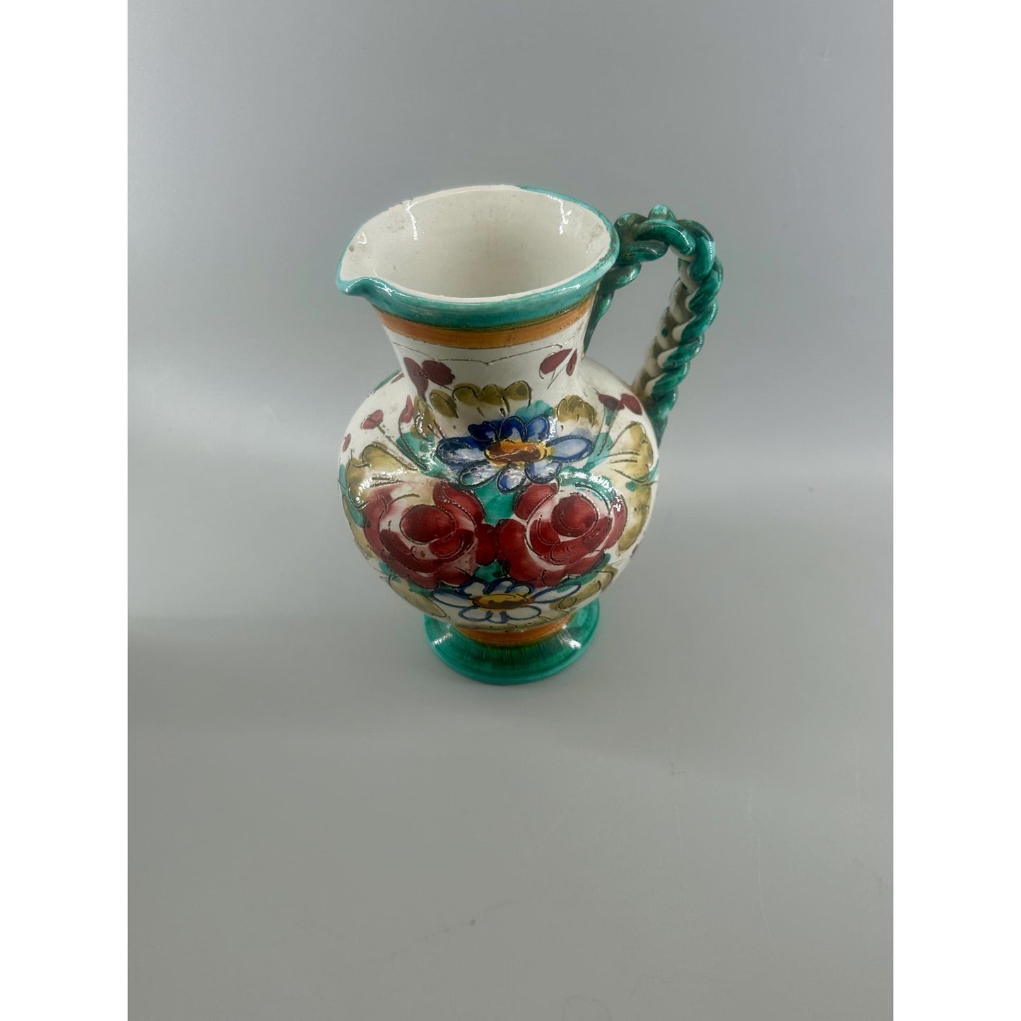 Vintage Hand Painted Spanish Talavera Style Faience Pitcher Twisted Handle Floral Pottery Jug