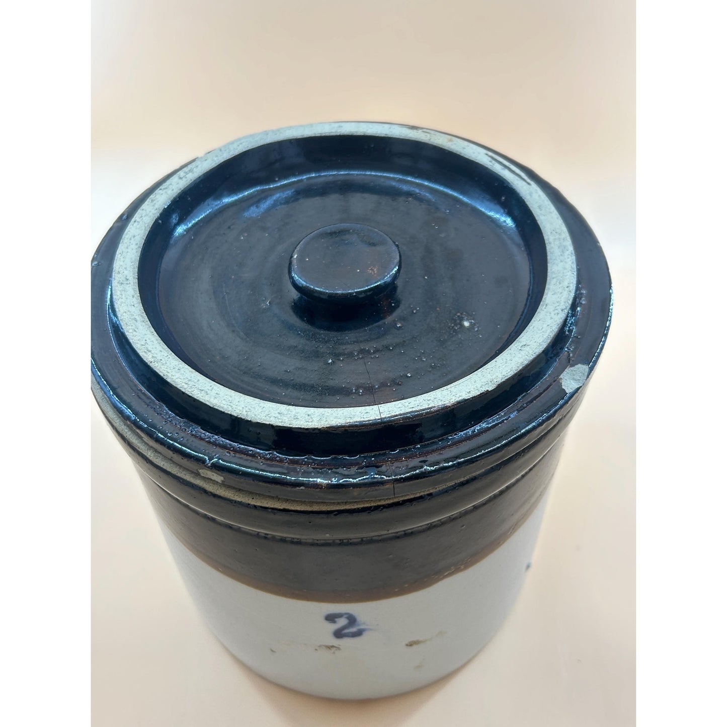 Antique 2 Gallon Stoneware Crock w/ Lid Salt Glaze Cobalt #2 Albany Slip