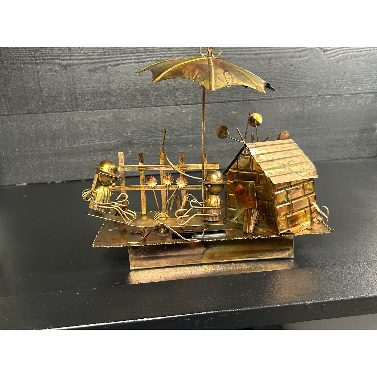 Vintage Berkeley Designs Brass Kinetic Music Box • Working TOYO Movement • Moving Figures Garden Scene • “It’s a Small World” Sculpture rare