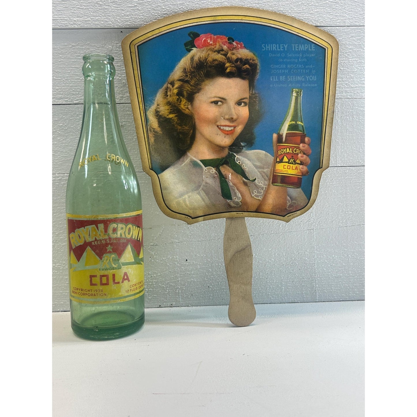 Vintage RC Royal Crown Cola Bottle & Shirley Temple Advertising Fan – 1930s 1940s Soda Memorabilia Lot – Nehi Cola Advertising Collectibles