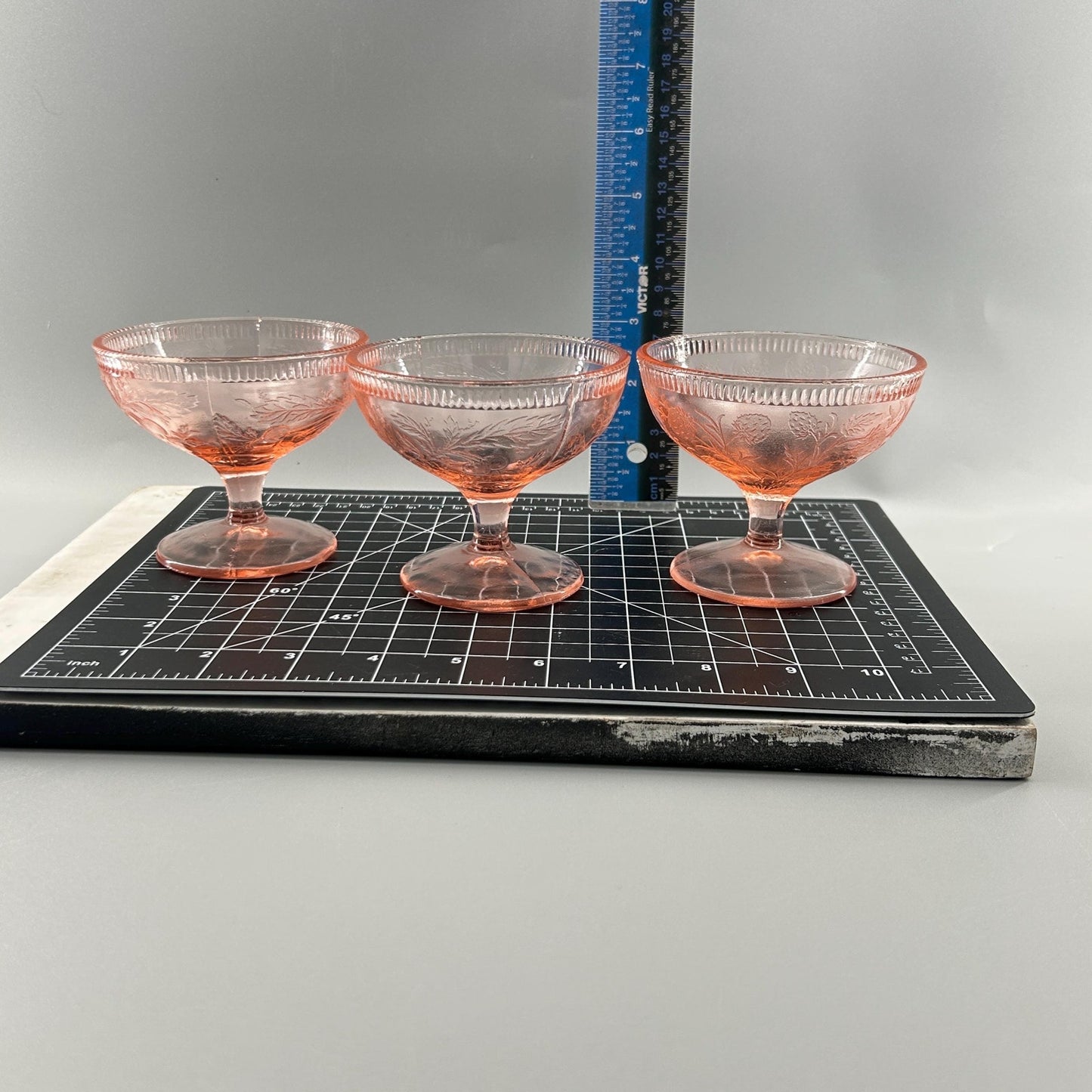Pink Depression Glass Sherbet Dessert Cups • Vintage 1930s Footed Bowls • Set of 3 • Etched Floral Stemware • Cottage Farmhouse Tableware