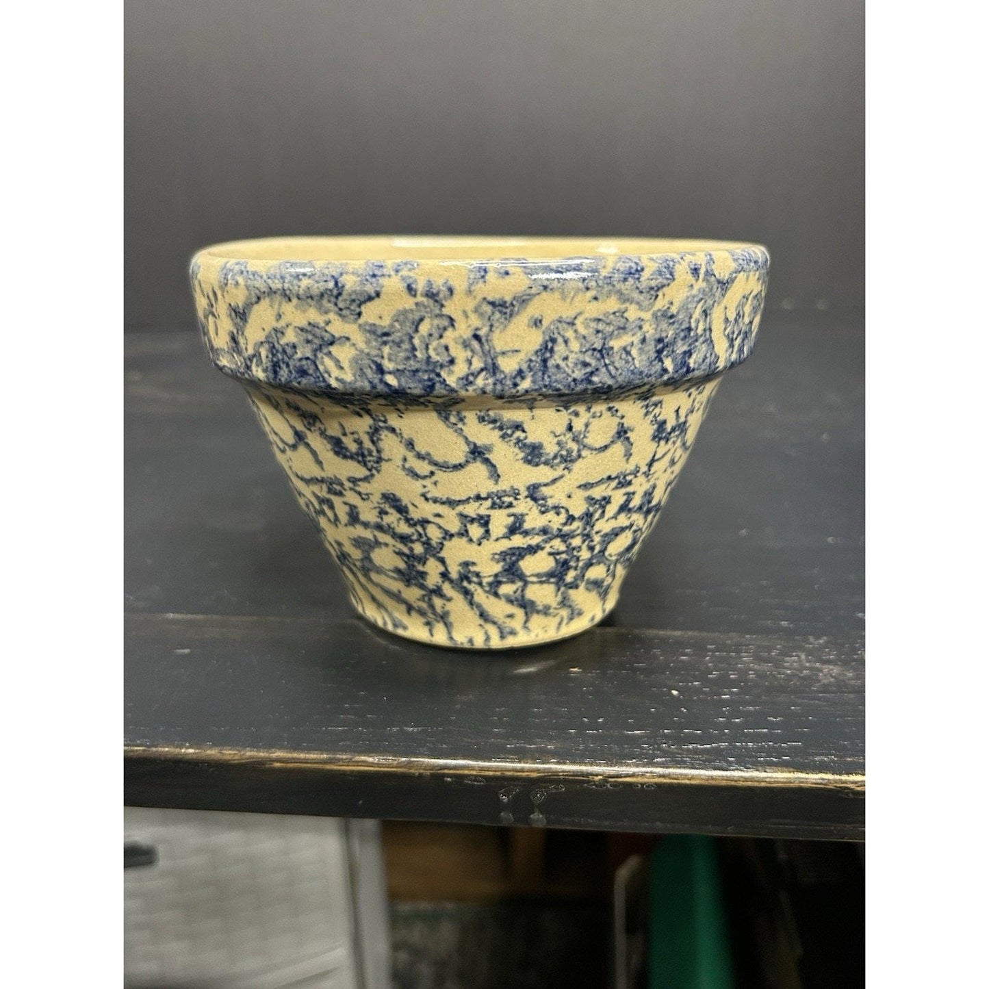 Roseville Ohio Spongeware Bowl — Blue Spatterware — Vintage Serving / Mixing Bowl — Farmhouse Pottery