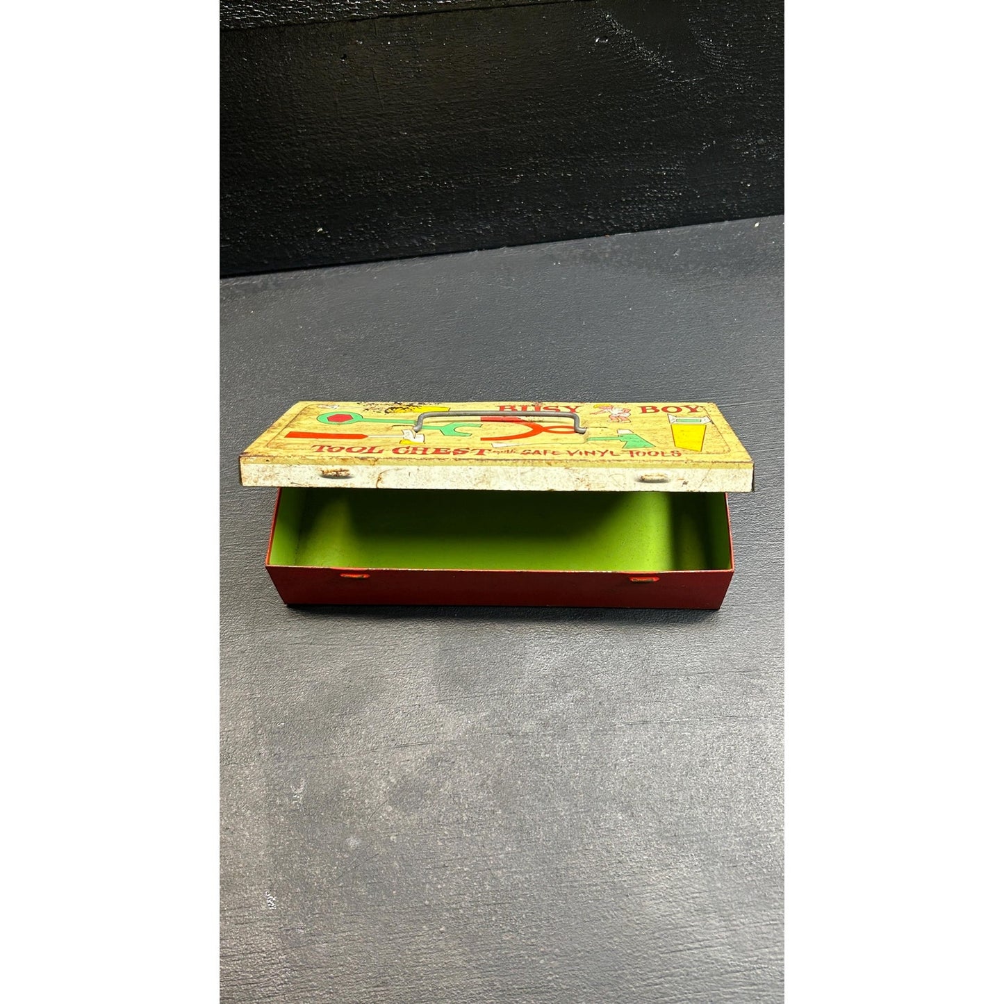 Vintage 1950s Busy Boy Tool Chest by Ohio Art • Tin Toy Tool Box with Retro Graphics • Safe Vinyl Tools • Mid Century Collectible tool toy