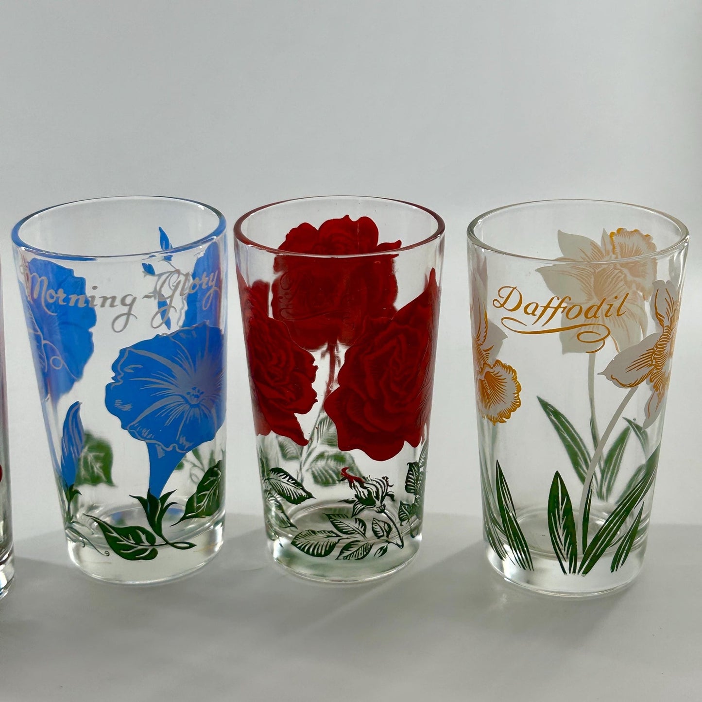 Vintage Federal Glass Floral Tumbler Set of 8 Mid Century Drinking Glasses Poppy Rose Daffodil Retro Barware MCM USA