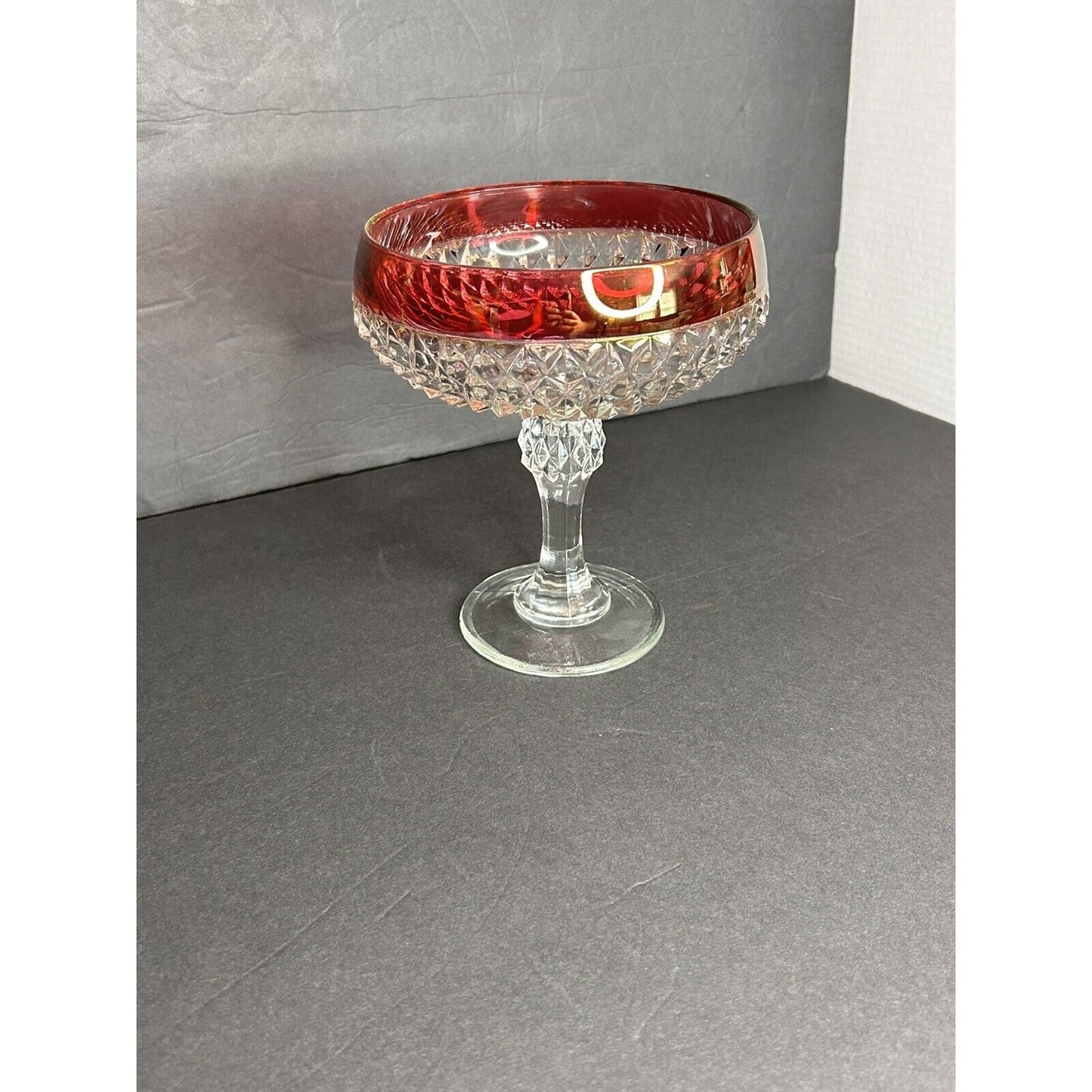 Vintage Indiana Glass Ruby Flash Diamond Point Pedestal Compote Candy Dish