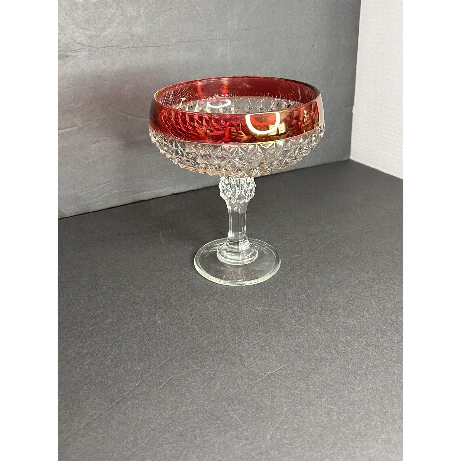 Vintage Indiana Glass Ruby Flash Diamond Point Pedestal Compote Candy Dish