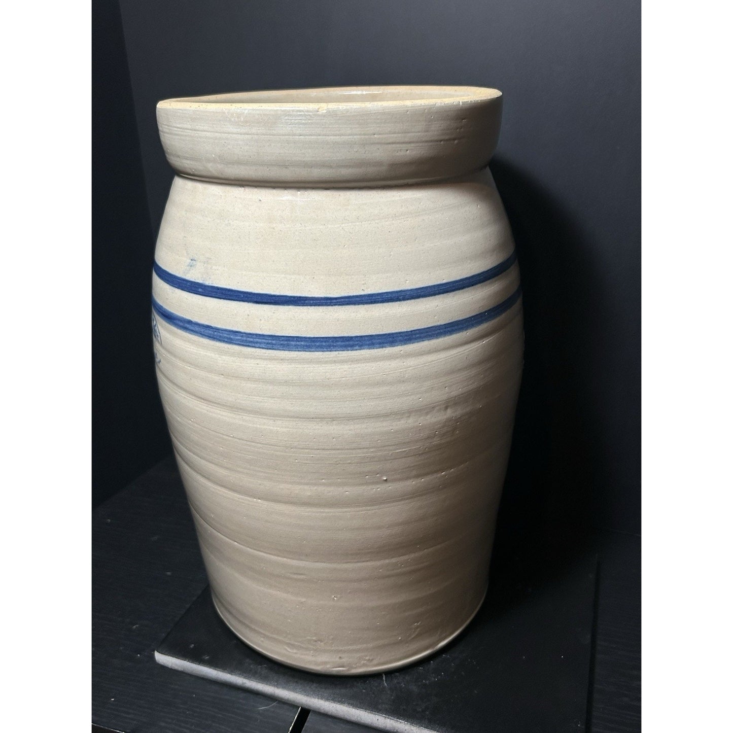 Marshall Pottery 5 Gallon Stoneware Crock w/ Lid Blue Stripe Texas Primitive