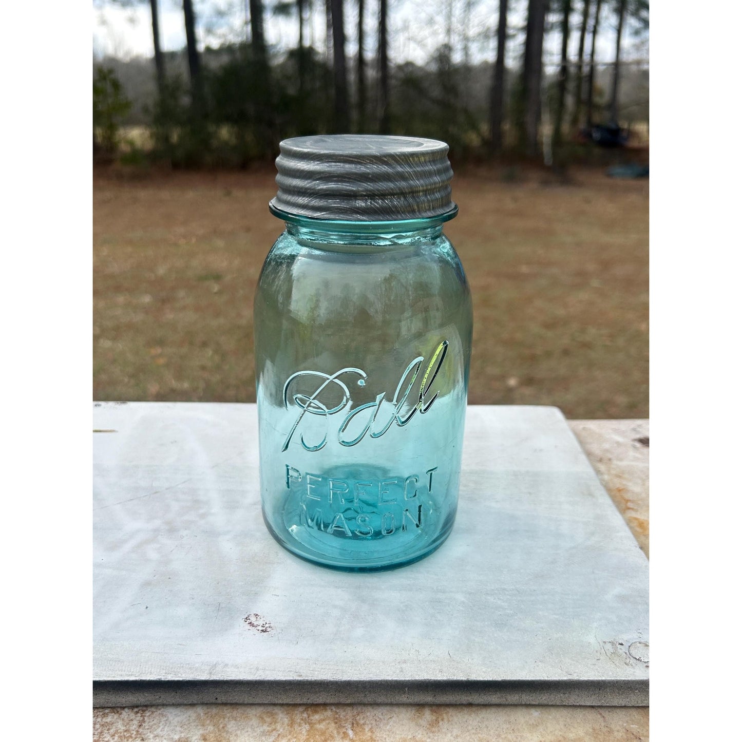 Antique Ball Perfect Mason Jar #13 Mold Aqua Quart w Original Zinc Lid 1920s