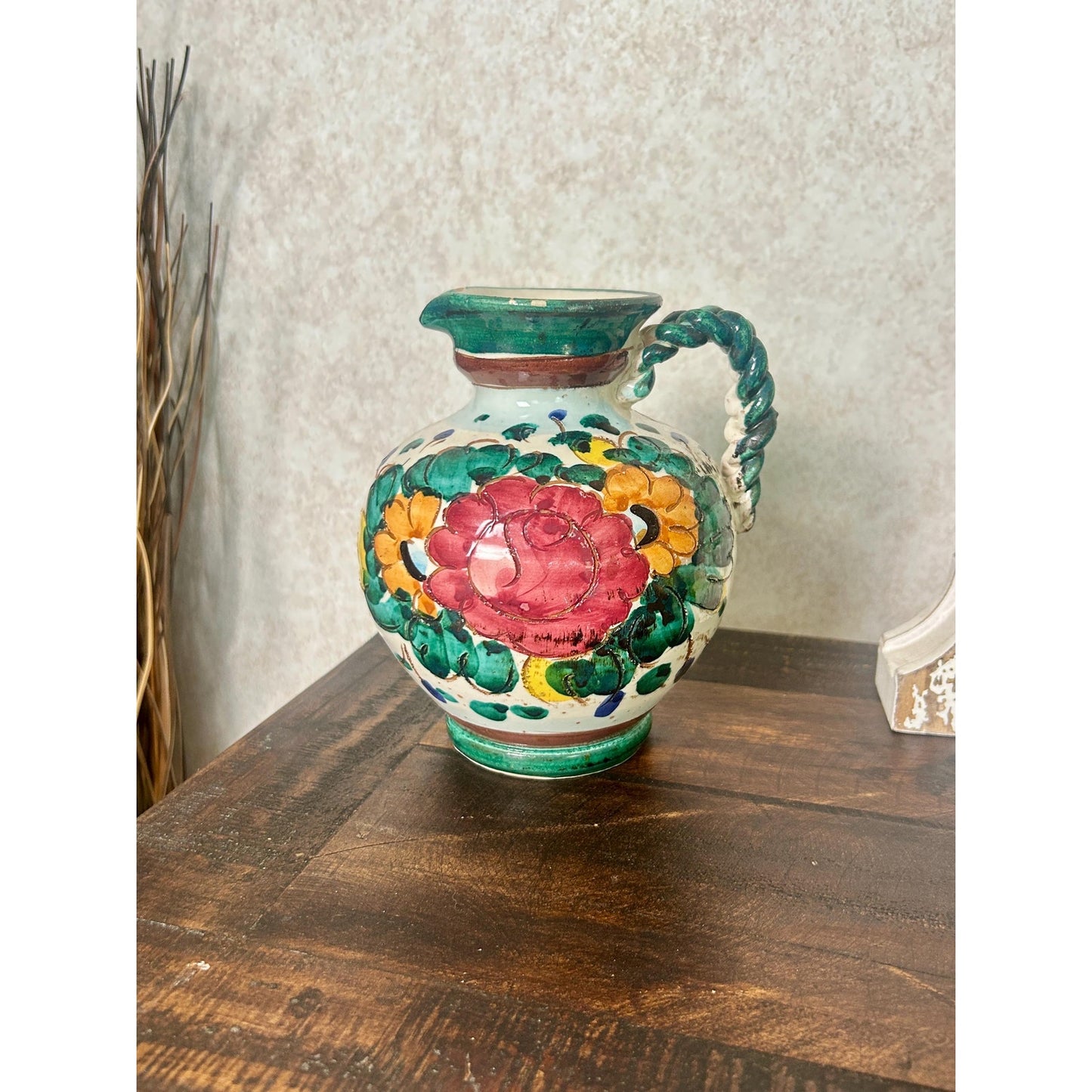 Vintage Hand Painted Spanish Majolica Talavera Style Faience Pitcher Twisted Handle Floral Jug