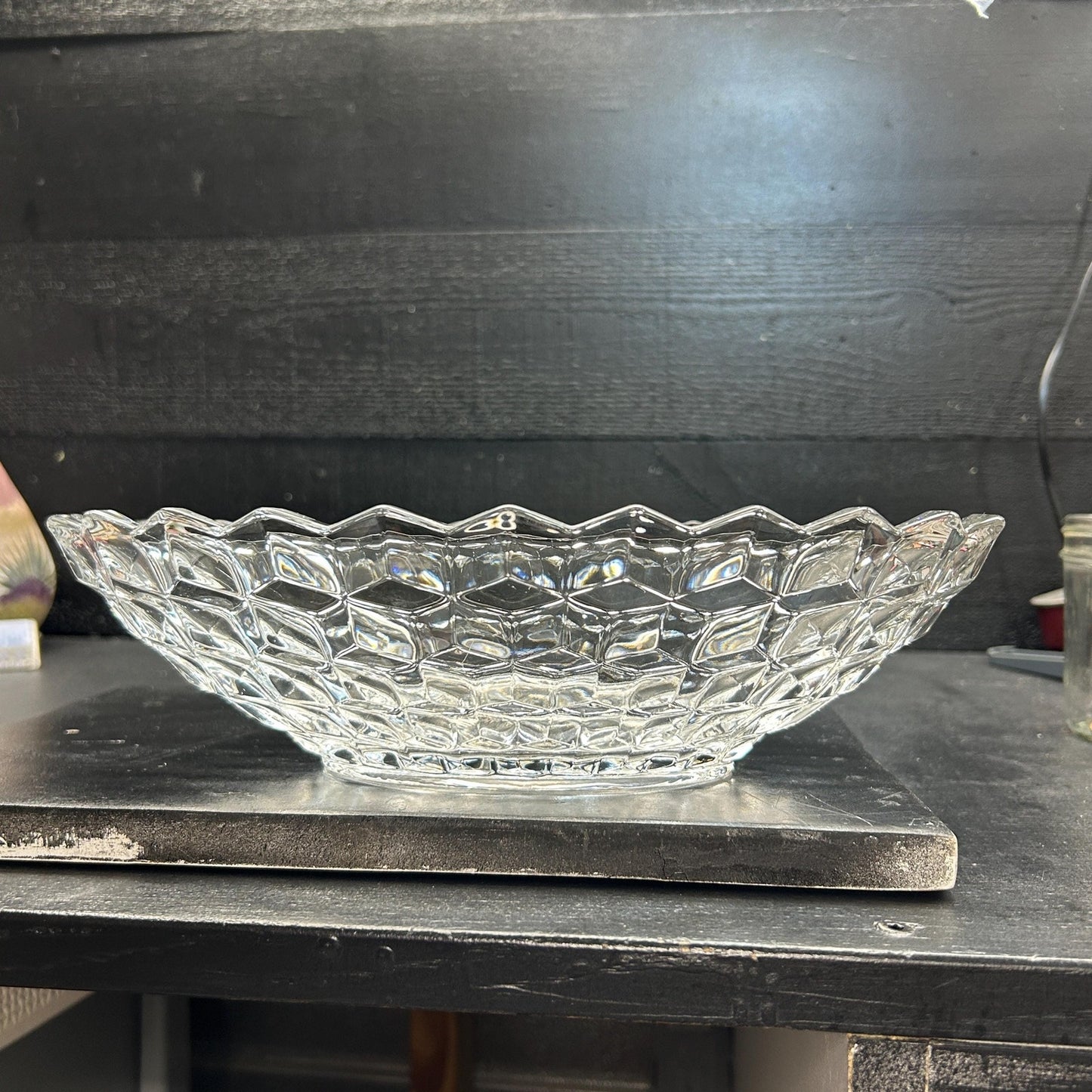 Vintage Fostoria American Clear Glass Oval Serving Bowl • Pressed Glass Cube Pattern • 9” Fruit or Salad Bowl • Elegant Tableware. Brilliant