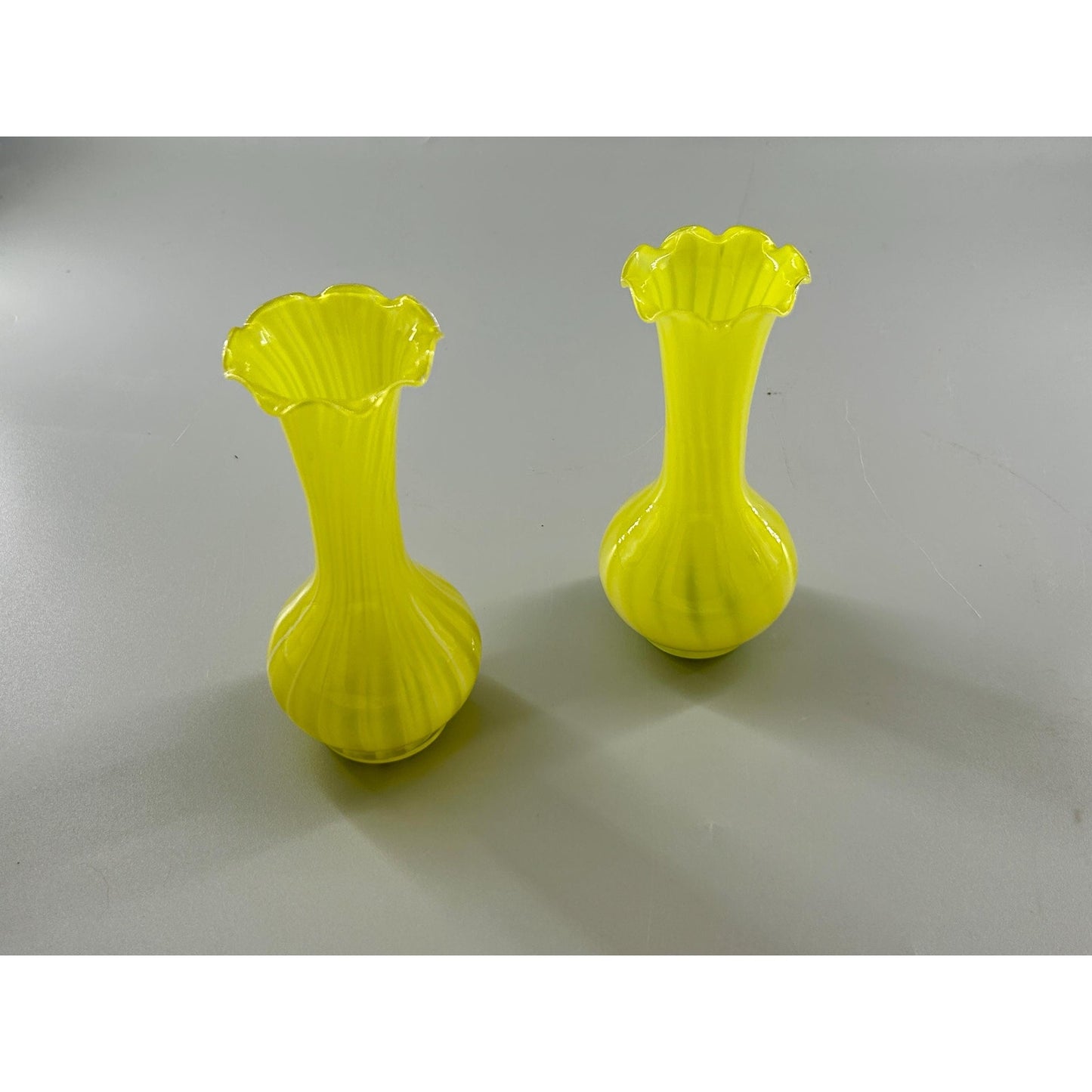 Vintage Murano Style Yellow Opaline Art Glass Bud Vases Pair Ruffled Rim Hand Blown Italy