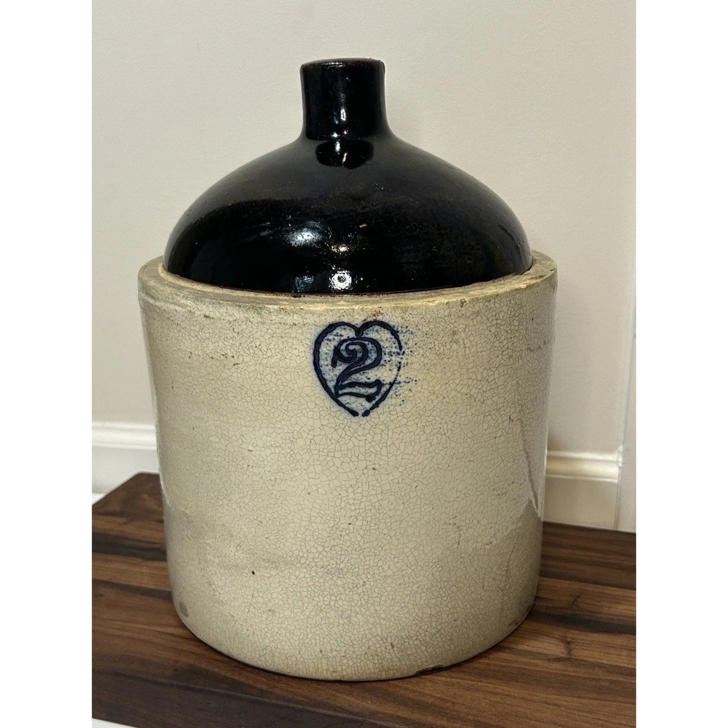 Antique Burley Winter 2 Gallon Stoneware Jug Cobalt Blue Heart Salt Glaze Crock