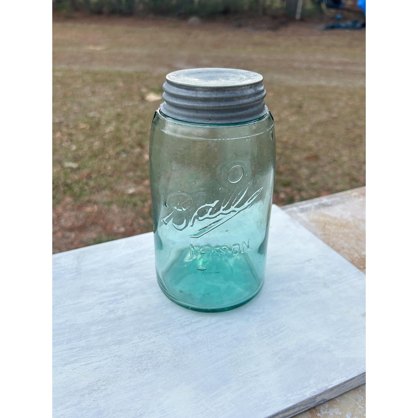 Vintage Ball Triple L Mason Jar Aqua Blue Quart Seed Bubbles Zinc Lid
