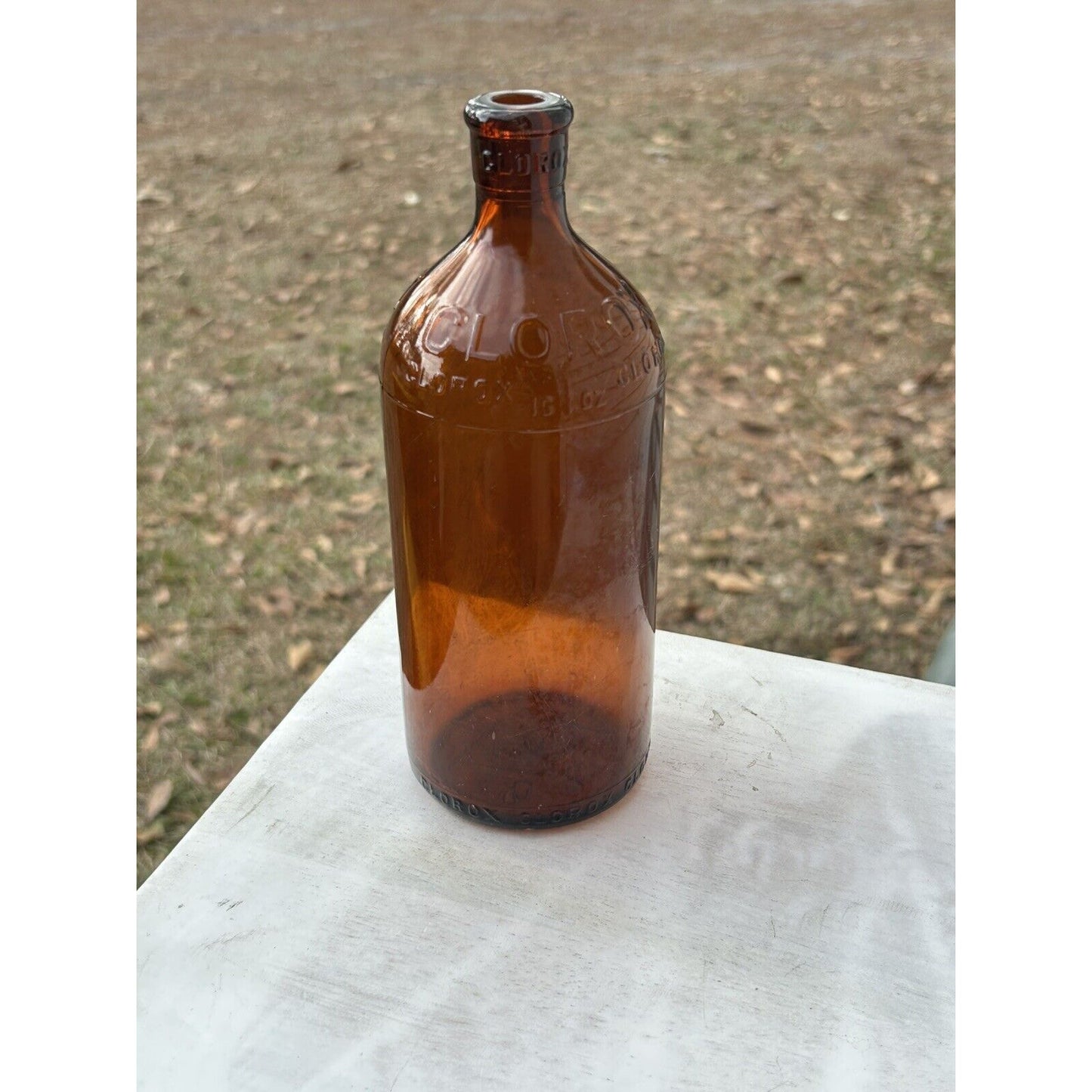 1929 Clorox amber glass 16oz bottle back view MCM